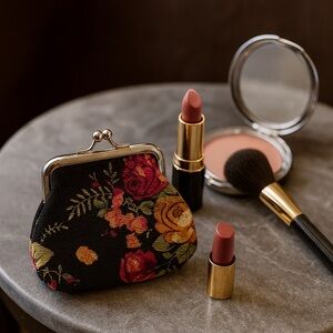 Floral Black Canvas Coin Purse/Wallet. 3.5in X 2.75in